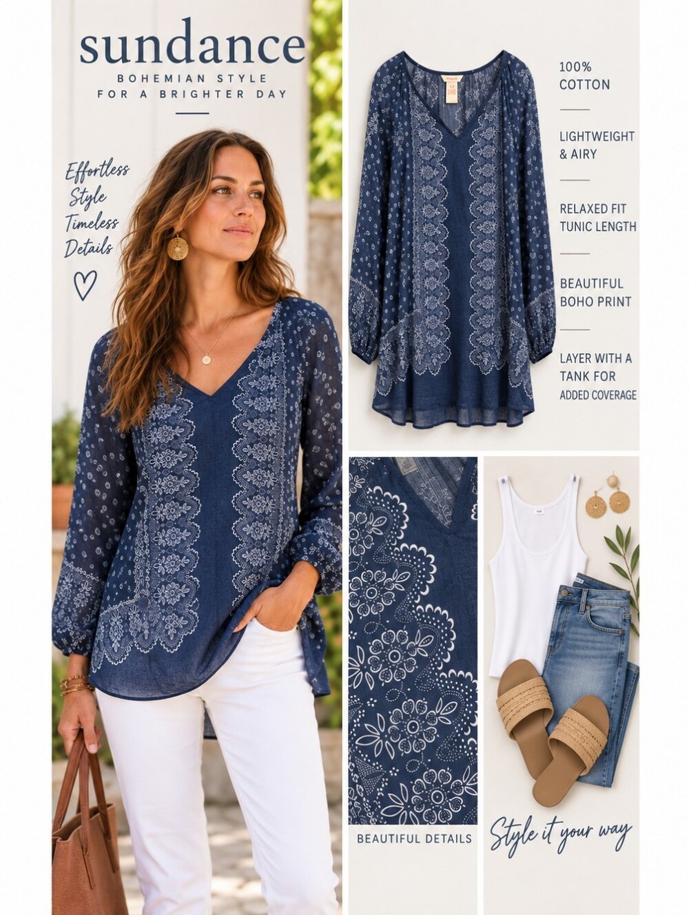 Sundance 100% Cotton Blue Boho Floral Print Tunic Blouse L